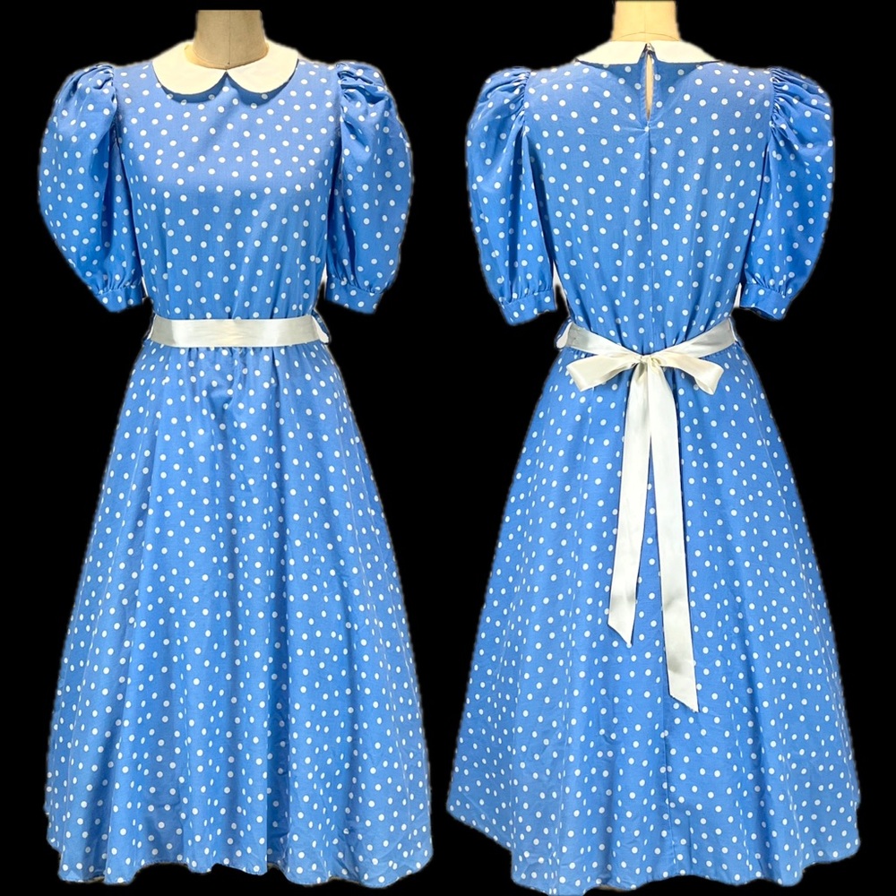 VINTAGE polka dot midi dress fit flare full skirt Peter Pan collar puff sleeves